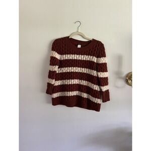 J.Crew Womens Cable Knit Striped Wool Sweater Brown‎ Cream XS Extra Small